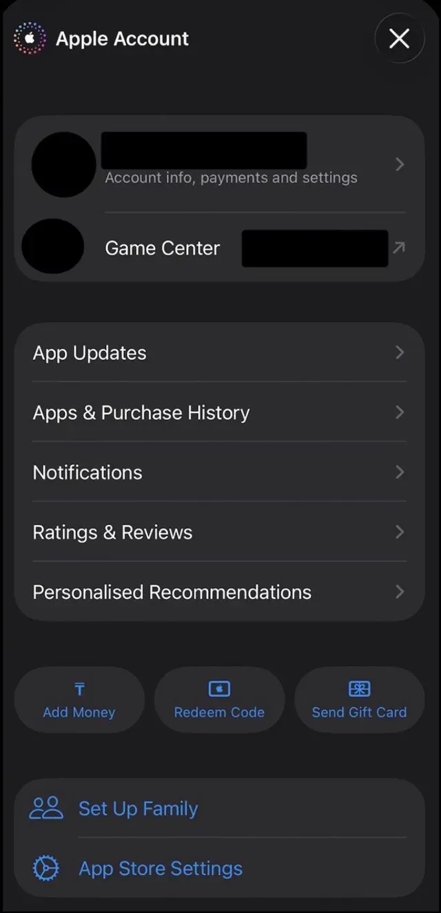 Панель Apple Account с именем вверху