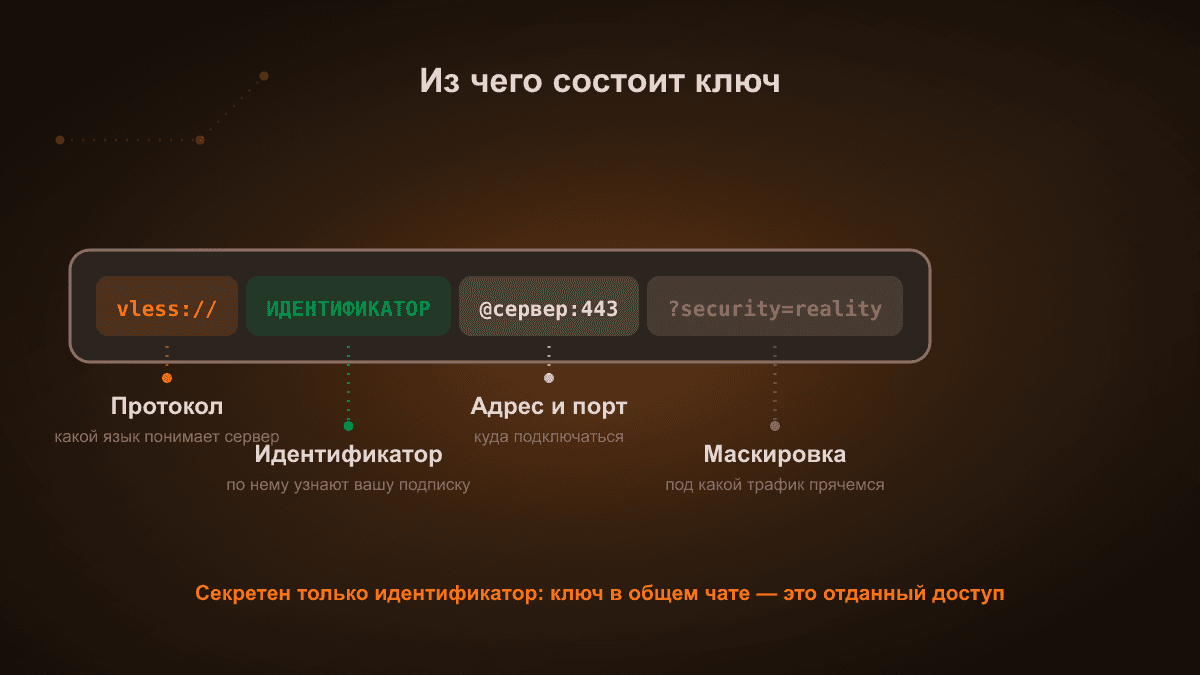Схема: строка ключа разбирается на протокол, идентификатор, адрес сервера с портом и параметры маскировки
