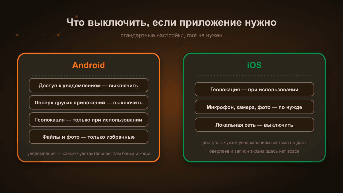 Схема: что выключить на Android — доступ к уведомлениям, показ поверх других приложений, геолокацию всегда, полный доступ к файлам. На iOS — геолокация только при использовании, микрофон и камера по нужде, локальная сеть выключена