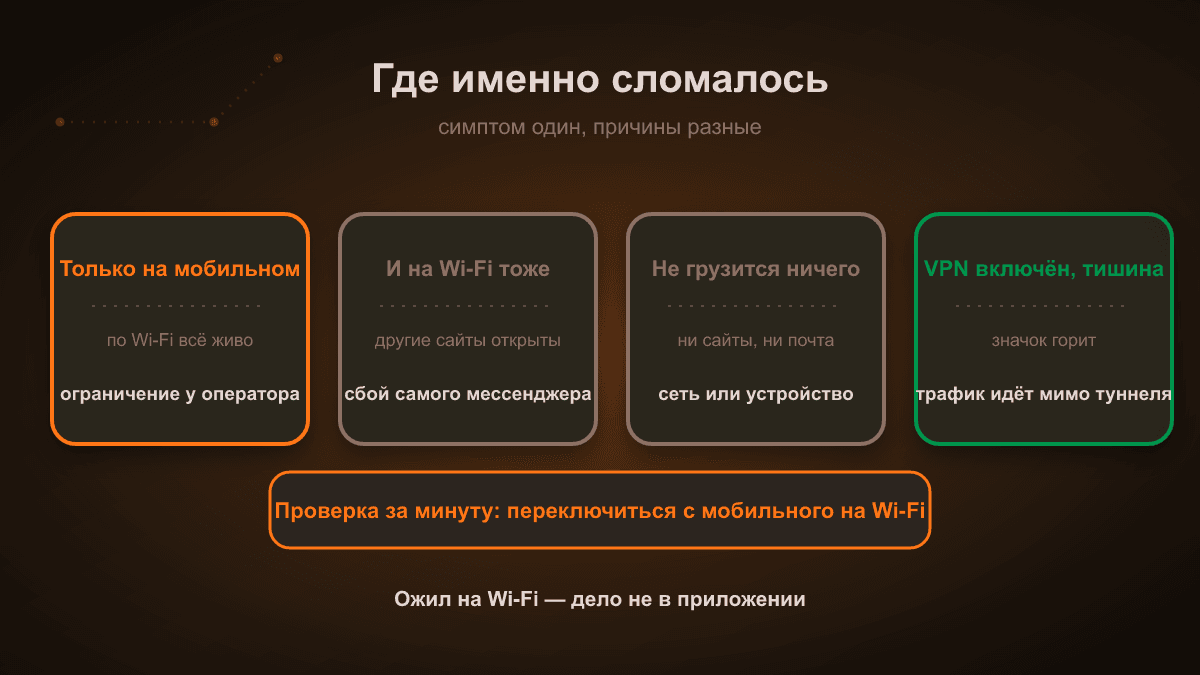 Схема: четыре ветки причин. Не работает только на мобильном — ограничение у оператора. И на Wi-Fi тоже — сбой мессенджера. Не грузится ничего — сеть или устройство. VPN включён, а мессенджер молчит — трафик идёт мимо туннеля