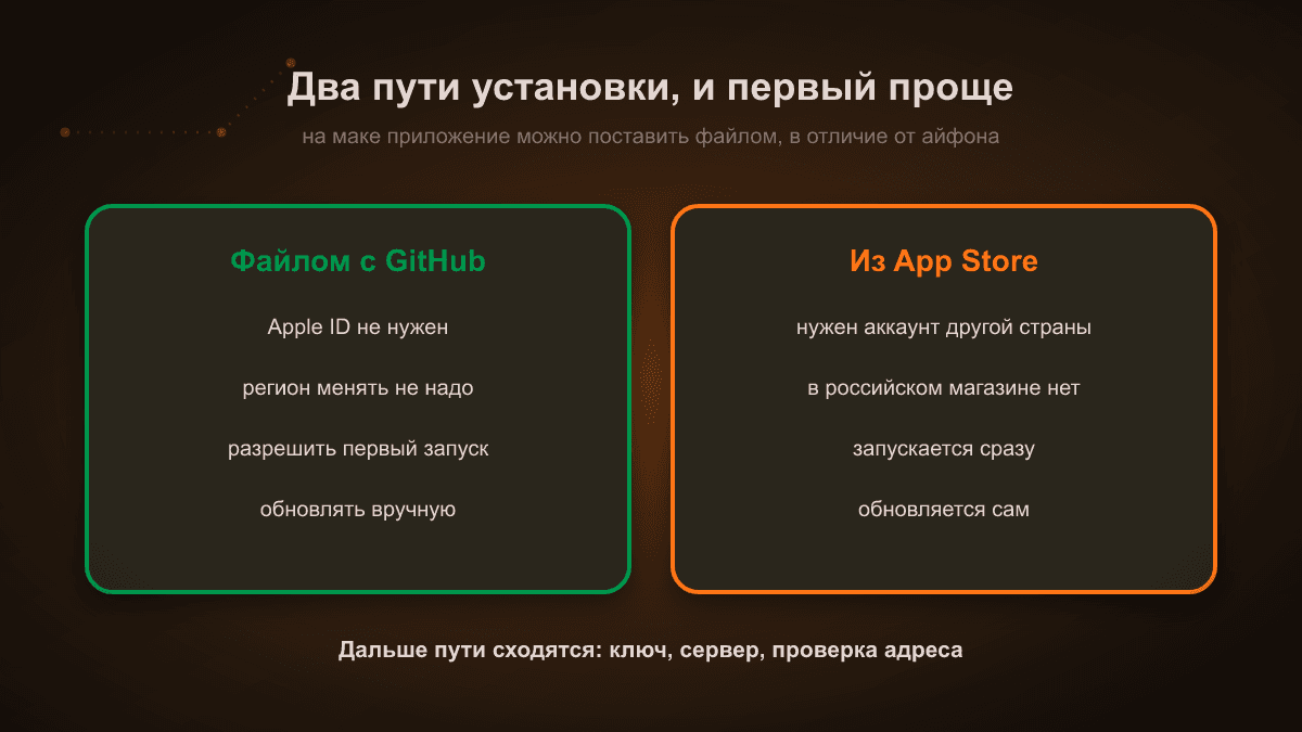 Схема: два пути установки на macOS — dmg-файл с GitHub без Apple ID и App Store другой страны с автообновлением; дальше оба сходятся на добавлении ключа