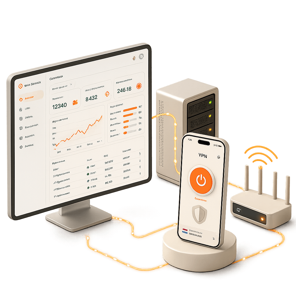 Схема VPN-сервиса: админка с метриками, приложение на смартфоне, сервер и Wi-Fi-роутер, связанные потоками трафика